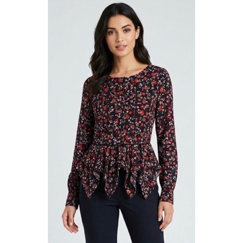 Thakoon Floral Peplum Blouse Black Red Pink Lace Trim Button Front Long Sleeve 2